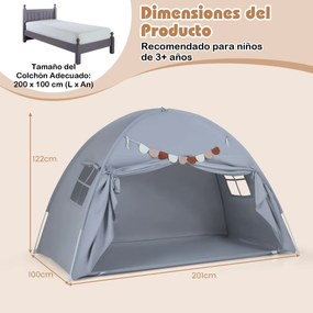 Tenda dobrável e portátil brincar para crianças 201 x 100 x 122 cm com 2 janelas e bandeiras para beliches duplos Cinzenta