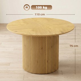 Mesa de Jantar Redonda Moderna 110x110x75 cm (CxLxA) para 4-6 Pessoas (CADEIRAS NÃO INCLUIDAS) com Base Cilíndrica Canelada Carvalho