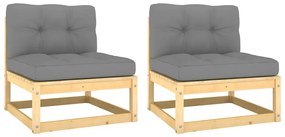 Sofás de centro jardim c/ almofadões cinza 2 pcs pinho maciço