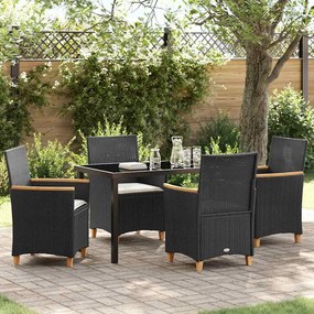 vidaXL Conjunto de Jantar de Jardim com Almofadas Preto Vime Polirreteno