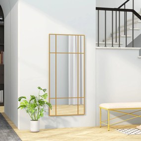 Espelho de parede retangular em estilo janela, na orientação horizontal ou vertical, com 4 ganchos, 110 x 50 cm em metal dourado