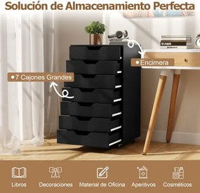 Bloco de armazenamento escritório 49 x 40 x 87 cm com 7 gavetas com 4 rodas universais Arquivo vertical de madeira com rodas preto