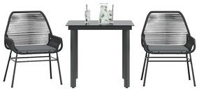 3 pcs conjunto jantar jardim almofadões vime PE vidro preto