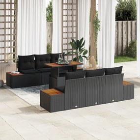 vidaXL Conjunto de Jantar de 7 Peças com Almofadas Preto Rattan Sintético Acácia