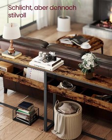 Mesa consola estreita com dois níveis e compartimentos semiabertos 24 x 100 x 80 cm Castanho vintage + Preto