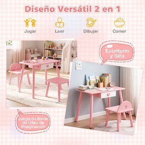 Conjunto de Mesa de Manicure Infantil com Cadeira e Banco, 60 x 34 x 49 cm, Design 2 em 1, Rosa