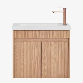 Conjunto De Móvel De Casa De Banho Suspenso Em Madeira Com Lavatório Integrado Narek Castanho Fresno & Sem Espelho & Ouro Rousa - Sklum