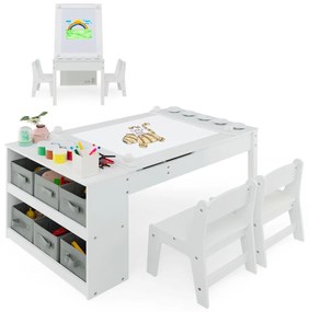 Conjunto de mesa elevatória e 2 cadeiras de arte para crianças Secretária de brincar 2 em 1 com rolos de papel Copos de tinta 6 recipientes Branco