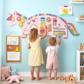 Painel de atividades Unicórnio 11 em 1 de madeira Montessori sensorial para educação infantil e sala de jogos rosa