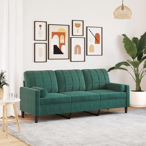 Sofá 3 lug. c/ almofadas decorativas 180 cm veludo verde-escuro