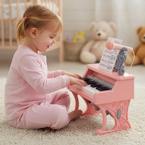 Piano de 25 teclas para crianças 30,5 x 17,5 x 32,5 cm com atril e microfone Brinquedo educativo para aprendizagem precoce 3+ anos Rosa