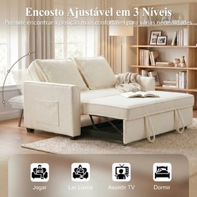 Sofá-Cama 2 Lugares 3 em 1 com Encosto Ajustável Bolsos Laterais 2 Almofadas para Sala Creme