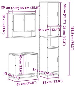 3 pcs Conjunto móveis casa de banho madeira proc. cinza sonoma