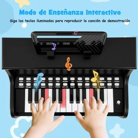 Piano de brincar com 25 teclas para crianças 38 x 24 x 47 cm, com banco e suporte, velocidade e volume ajustáveis, modo de aprendizagem, design em mad