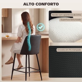 Conjunto de Bancos Altos de Cozinha com Encosto e Descanso para os Pés Revestidos em Linho e PU Estrutura de Aço Preto