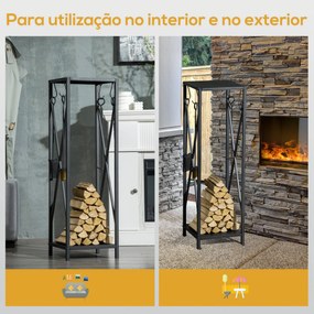 Suporte para Lenha em Metal – 34x34x111 cm | Com Ganchos e Ferramentas