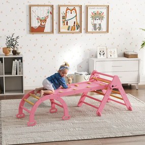 Triângulo de Escalada 7 em 1 com Arco e Rampa Escalada para Crianças de Madeira Dobrável para 18-48 Meses 188x70 cm Rosa