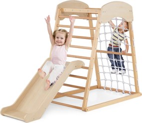 Triângulo de escalada de madeira para crianças 6 em 1 com rampa dupla face Barras de escalada Rede de escalada para 1+ anos Natural