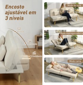 Sofá Cama de 3 Lugares com Mesa Auxiliar 3 em 1 com Encosto Ajustável Abertura Click-Clack 196x86x81 cm Bege