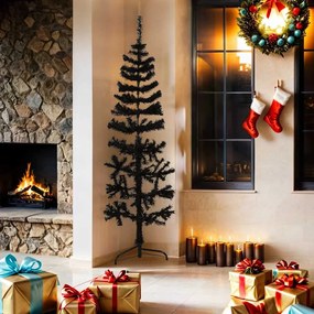 Meia árvore de Natal fina com suporte 180 cm preto
