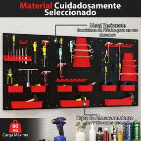 Organizador de parede ferramentas (Não incluidas) 120 x 60 x 2 cm com painel perfurado com 9 recipientes Suportes para martelos Preto e vermelho