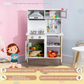 AIYAPLAY Cozinha Infantil de Madeira Cozinha para Crianças acima de 3 Anos com Altura Ajustável Luz Sons Lavatório Fogão Forno 60x30,5x93,2cm Branco e