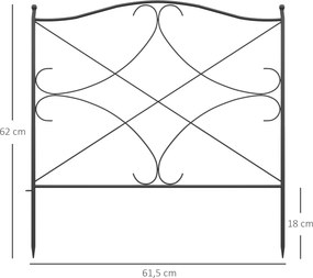 Conjunto de 5 cercas decorativas de jardim em metal com ornamentos, 305 x 62 cm, preto