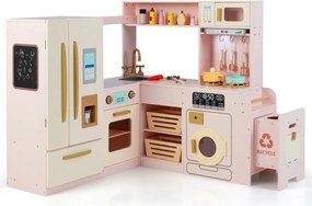Cozinha infantil canto 102 × 100 × 94 cm com luzes e sons, frigorífico de duas portas, Geleira, micro-ondas e arrumação em madeira para crianças a par