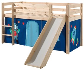 Conjunto Cama alta de Criança PINO 90 x 200 cm + estrado + escada + escorrega + cortina Astronauta Natural