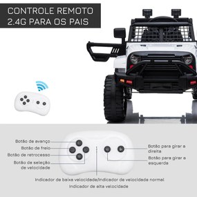 Carro Elétrico para Crianças acima de 3 anos Carro de Bateria 12V com 2 Motores Controle Remoto 2.4G Luzes Música MP3 e Rádio 99,2x66,6x66,6cm Branco