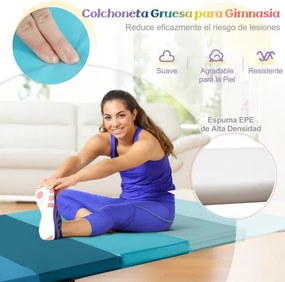 Tapete dobrável para ginástica portátil 183 cm, tripla dobragem com capa de pele sintética e acolchoamento de espuma EPE com alça Azul