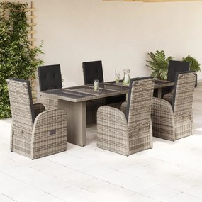 vidaXL 7 pcs conjunto de jantar p/ jardim c/ almofadões vime PE cinza