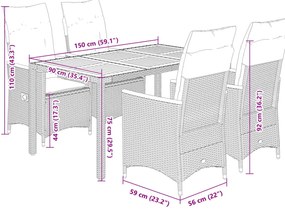 5 pcs conjunto de jantar p/ jardim c/ almofadões vime PE preto