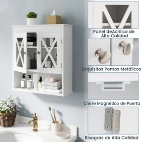 Armário de parede de casa de banho 54 × 20 × 60 cm com prateleira ajustável Prateleira aberta com 2 portas transparentes Branco