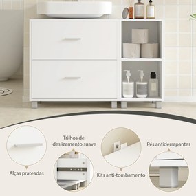 Móvel para Lavatório (NÃO INCLUIDO) de Casa de Banho com 2 Gavetas e 2 Prateleiras Abertas, para Lavatório com Pedestal, 90x30x60 cm, Branco