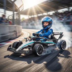 Kart elétrico para crianças de 12 V, Mercedes-AMG PETRONAS F1 com 2 motores, comando à distância, 3 velocidades, preto