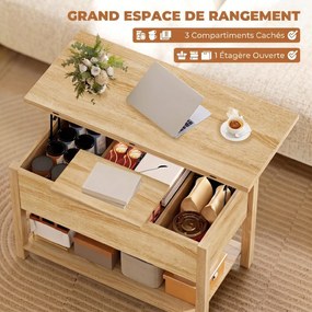 Mesa de centro elevável e extensível, com compartimento oculto e prateleira aberta, 100 x 45 x 50,5 cm, em cor madeira natural