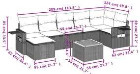 8 pcs conjunto sofás de jardim c/ almofadões vime PE cinzento