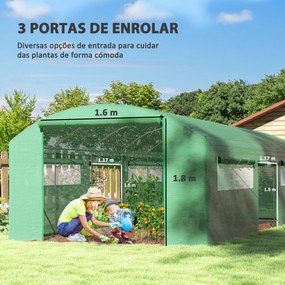 Estufa tipo Túnel 6x3x2 m Estufa de Exterior com 4 Janelas de Malha Cobertura de PE Anti UV e 3 Portas Enroláveis Verde