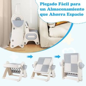 Conjunto de mesa e cadeira para crianças 6 em 1 Multi-atividade Cavalete dobrável para crianças com superfície reversível e ranhura Cinzento