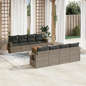 9 pcs conjunto sofás p/ jardim com almofadões vime PE cinzento