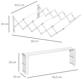 Estendal de Parede Extensível de 63,5cm de Metal com 5 Barras para Interior e Exterior Carga 10kg 63,5x60x20cm Branco