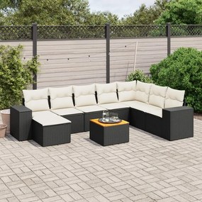 9 pcs conjunto de sofás p/ jardim c/ almofadões vime PE preto