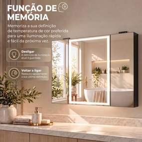 Armário de Casa de Banho com Espelho LED, Tomada, 3 Portas, Antiembaciamento e Prateleiras Ajustáveis, Preto