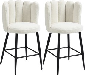 Conjunto de 2 cadeiras altas de bar com apoio para os pés, em aço e tecido com efeito de lã felpuda, altura 65 cm, creme e preto