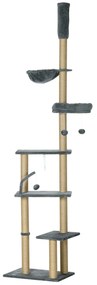 PawHut Arranhador para Gatos do Solo ao Teto de 230-250 cm  com Altura Ajustável Múltiplas Plataformas Rede Bolas Suspensas Cinza