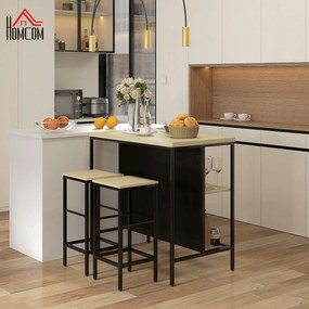 Conjunto de mesa de bar e 2 bancos de estilo industrial com prateleira de arrumação, apoio para os pés, em metal preto e com aspeto de madeira