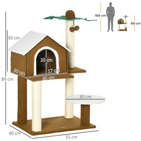 Árvore Arranhador para Gatos Altura 89cm Torre para Gatos com Casa de Pelúcia Plataforma Poste em Forma de Coqueiro de Sisal e Bolas Suspensas 55x40x8