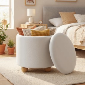 Banco redondo com arrumação 35 L oculta estofado em chenille, tampo removível e pernas de madeira para sala ou quarto branco
