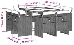 9 pcs conjunto de jantar p/ jardim c/ almofadões vime PE preto